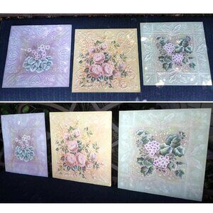 Set of 3 Incredibly Detailed Hand Painted Rococo Style Flowers on Embossed Metal